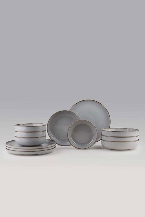 Hermia MOD12Y1730955 Juego de Cena de Porcelana Gris 12 Piezas, Platos 24cm, Platos 20cm, Cuencos 15cm